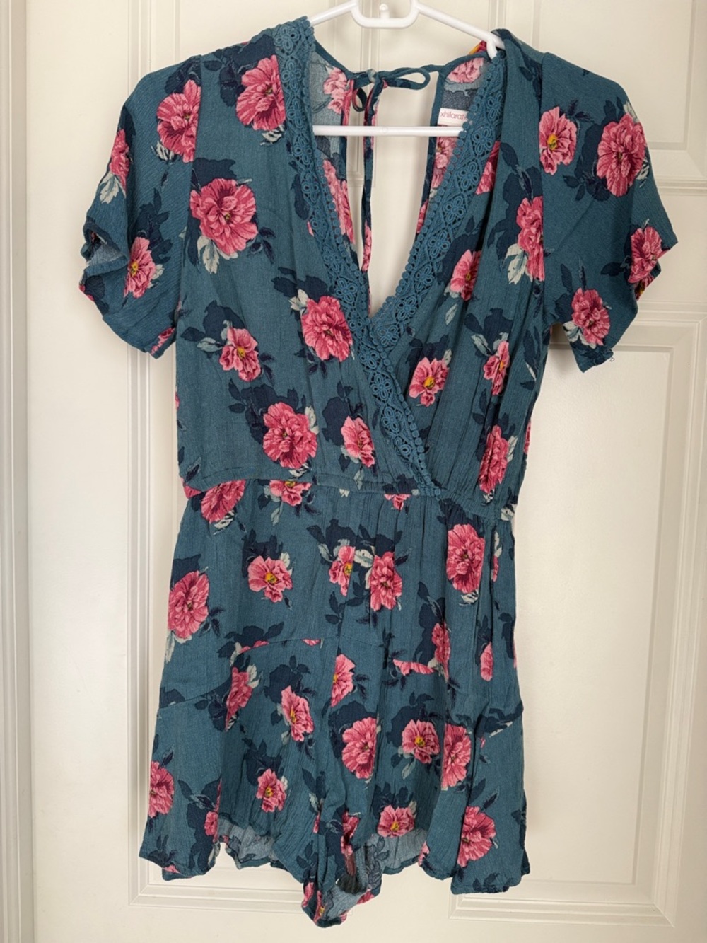 Xhilaration - Floral V-Neck Short Sleeve Dress Romper in Teal with Pink Flowers